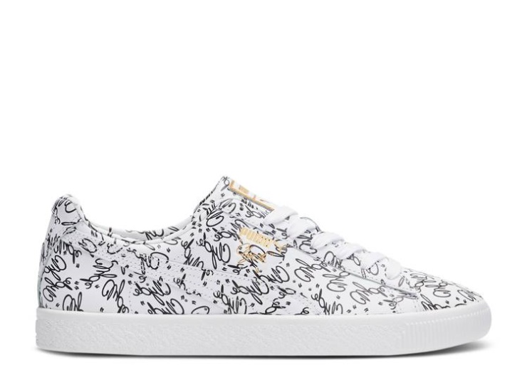 Puma Clyde - All Over Script Print White/Black/Gold